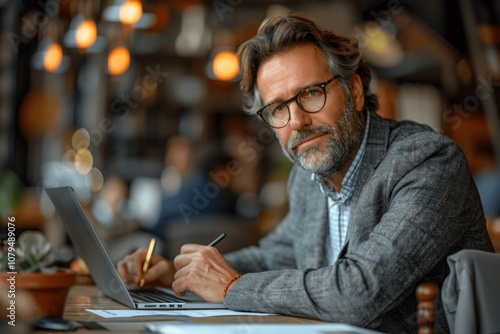 Professional businessman working on laptop and taking notes at office desk