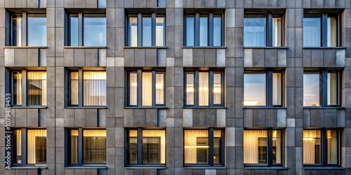 Modern Building Facade with Grid of Windows at Dusk, architecture, urban