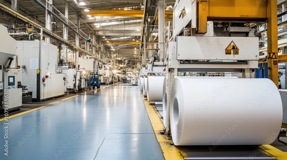 A modern industrial setting featuring large rolls of paper and machinery in a factory. A modern industrial setting featuring large rolls of paper and machinery in a factory.