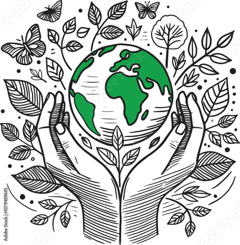 Vector illustration, hands supporting the planet Earth with green continents. Leaves, trees and butterflies are placed around the planet, symbolizing nature and its preservation.