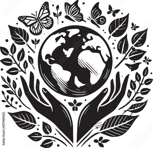 Black and white vector illustration, conservation of nature and the planet. hands holding a vector illustration of the planet Earth. The drawing symbolizes caring for the environment.