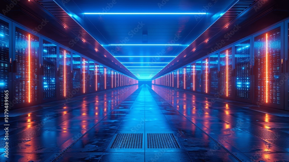 Futuristic Data Technology Center with Blue Lights and AI Server Racks Futuristic Data Technology Center with Blue Lights and AI Server Racks