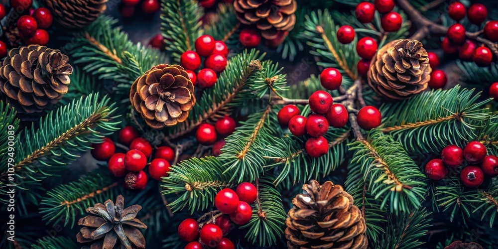 Close Up of Pine Cones, Red Berries and Spruce Branches, Christmas, Nature Close Up of Pine Cones, Red Berries and Spruce Branches, Christmas, Nature