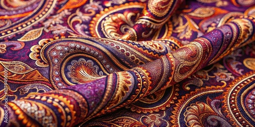 Close-up of Purple, Orange, and Gold Paisley Fabric, paisley, fabric