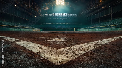 A dimly lit baseball field with a focus on the pitcher's mound and surrounding empty stands.