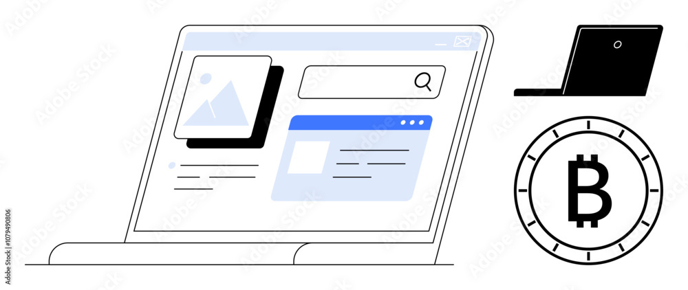 Laptop displaying search interface with image and text elements. Nearby, a black closed laptop and Bitcoin symbol. Ideal for cryptocurrency trading, web design, finance education, fintech apps Laptop displaying search interface with image and text elements. Nearby, a black closed laptop and Bitcoin symbol. Ideal for cryptocurrency trading, web design, finance education, fintech apps