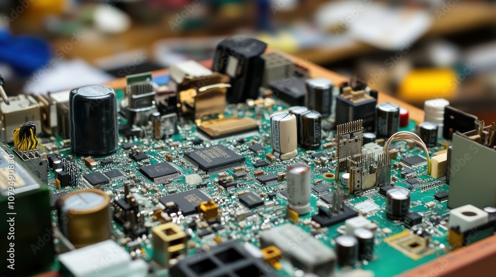 Close-up of a circuit board with various electronic components for technology applications. Close-up of a circuit board with various electronic components for technology applications.