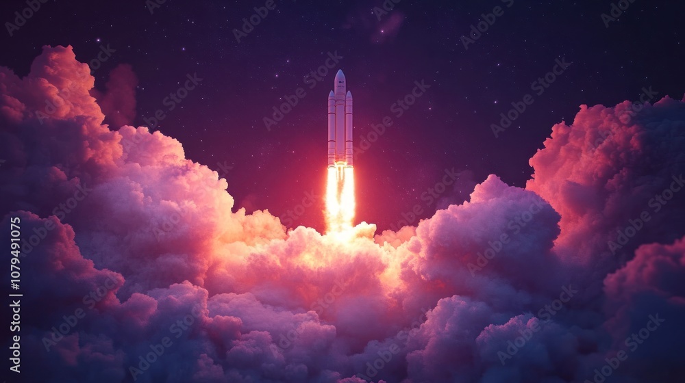 A rocket launching through colorful clouds into space. A rocket launching through colorful clouds into space.