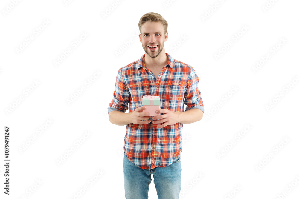 Happy man with present box. Man holding gift box. Holiday celebration. Happy birthday. Shopping sale on holiday. Young man with present isolated on white. Millennial man having birthday gift Happy man with present box. Man holding gift box. Holiday celebration. Happy birthday. Shopping sale on holiday. Young man with present isolated on white. Millennial man having birthday gift