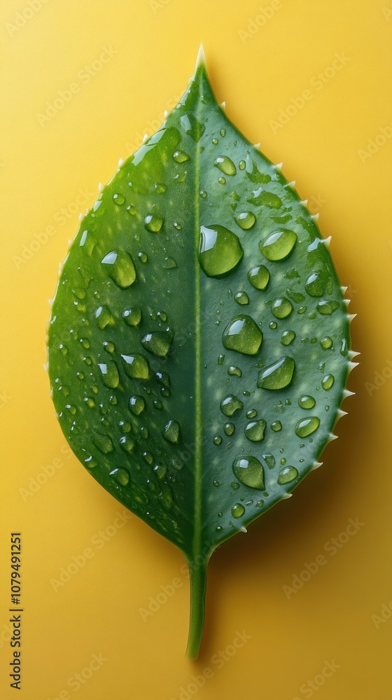 Fototapeta premium A close-up of a green leaf with water droplets on a yellow background.