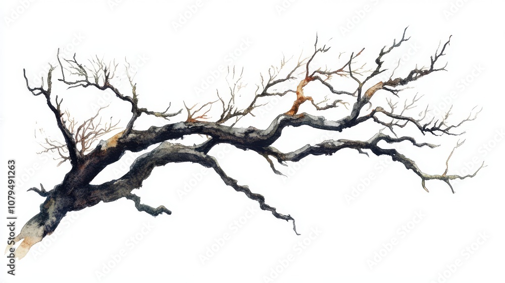 Nature, a dry tree branch with intricate patterns on a white isolated background. Nature, a dry tree branch with intricate patterns on a white isolated background.