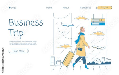 Business trip poster. Woman with suitcase walks through airport. Travel and tourism. Holiday and vacation. Landing webpage design. Linear vector illustration isolated on white background
