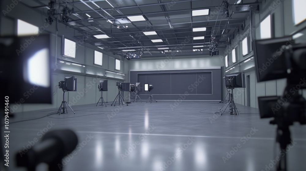 A spacious studio with cameras and lighting equipment set up for photography or filming.
