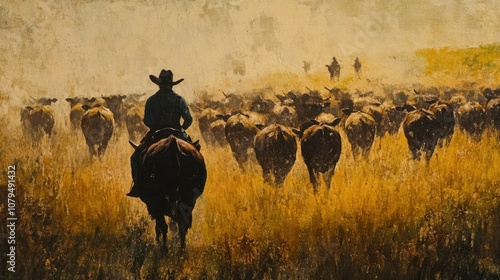 A lone cowboy on horseback rides through a field, herding a large herd of cattle.