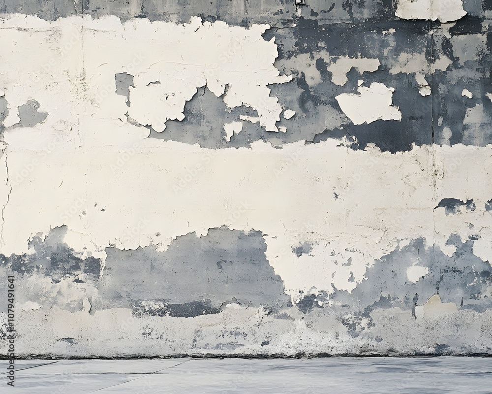 Obraz premium A textured wall with peeling paint in shades of gray and white, creating an industrial backdrop.