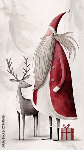 Santa Claus, reindeer, vintage, whimsical, holiday, Christmas, illustration, red coat, long beard, winter, antlers, deer, Nordic, minimalist, traditional, nostalgic, festive, art, watercolor, rustic, 