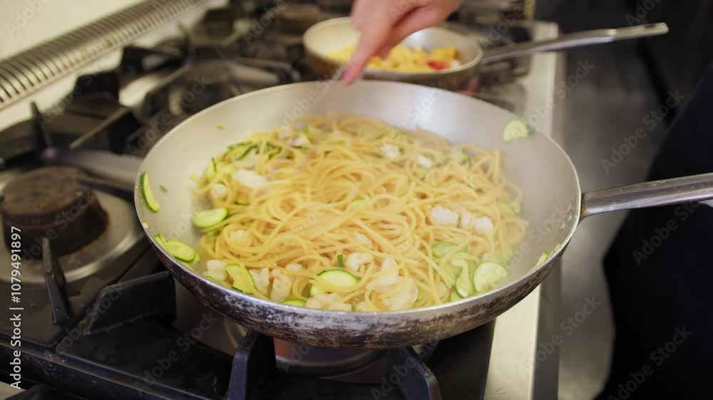 Pan With Pasta Spaghetti Zucchini And Shrimps In The Kitchen Of A Restaurant Pan With Pasta Spaghetti Zucchini And Shrimps In The Kitchen Of A Restaurant