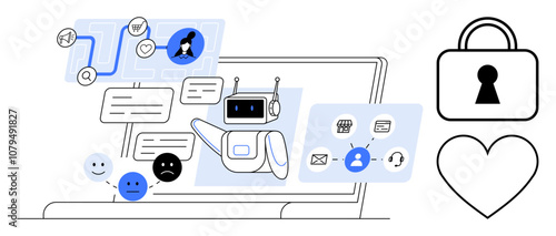 AI chatbot engaging users with messages and emoticons while interacting via various communication icons. Lock and heart icons signify security and user satisfaction. Ideal for tech, AI