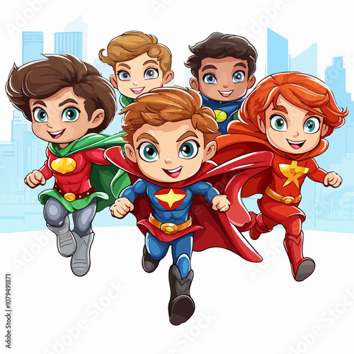 Dynamic Illustration of Five Superheroes on White Background photo