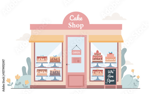 Cake shop concept. Store with cakes and cupcakes. Pastry, bakery and candy products. Small business and urban infrastructure. Dessert and delicacy. Flat vector illustration