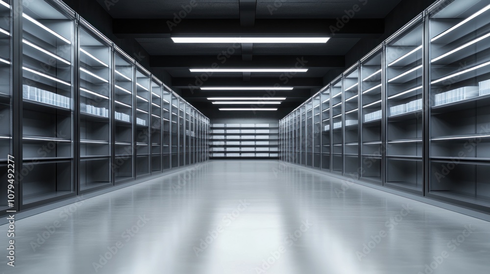 A modern, minimalist storage space with metal shelves and polished floor. A modern, minimalist storage space with metal shelves and polished floor.
