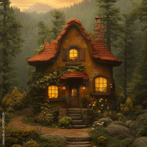 Wallpaper Mural Charming forest house with warm glowing windows surrounded by autumn trees and a small pond. Fairytale location for a computer game Torontodigital.ca