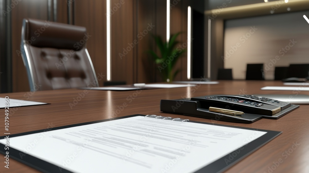 A conference table set for a meeting with documents and a remote control. A conference table set for a meeting with documents and a remote control.