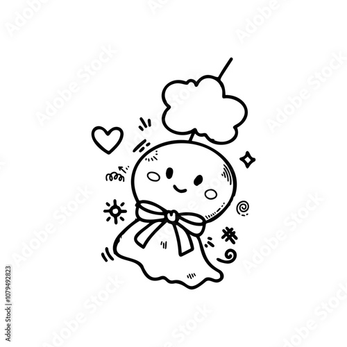 A cute, hand-drawn illustration of a smiling ghost with a cloud above its head photo