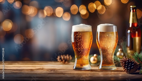 Two glasses of beer with foam on a wooden table with Christmas ornaments, surrounded by holiday decorations and festive bokeh lights in the background.