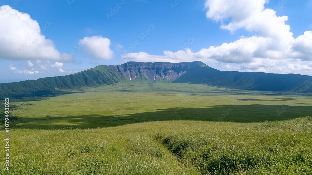 Fototapeta premium Panoramiczny widok na wulkan otoczony rozległymi, zielonymi równinami. 