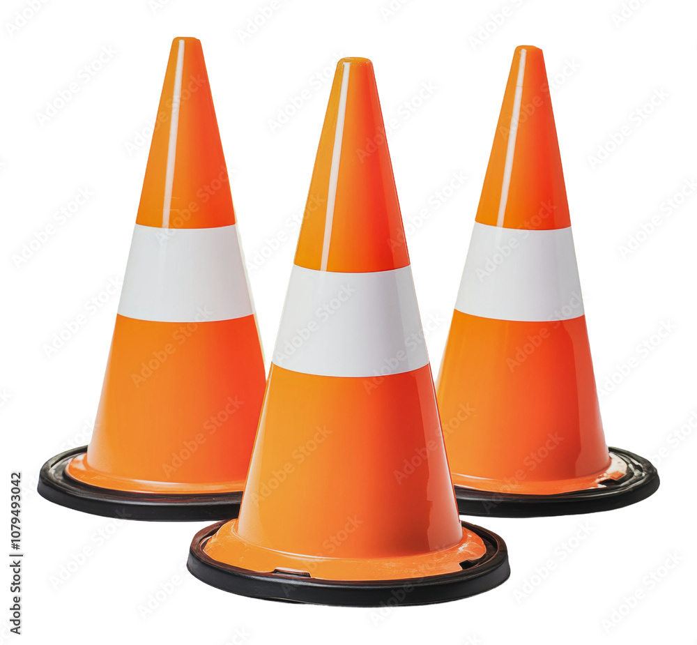 PNG Bright traffic cones arranged on a flat surface PNG Bright traffic cones arranged on a flat surface