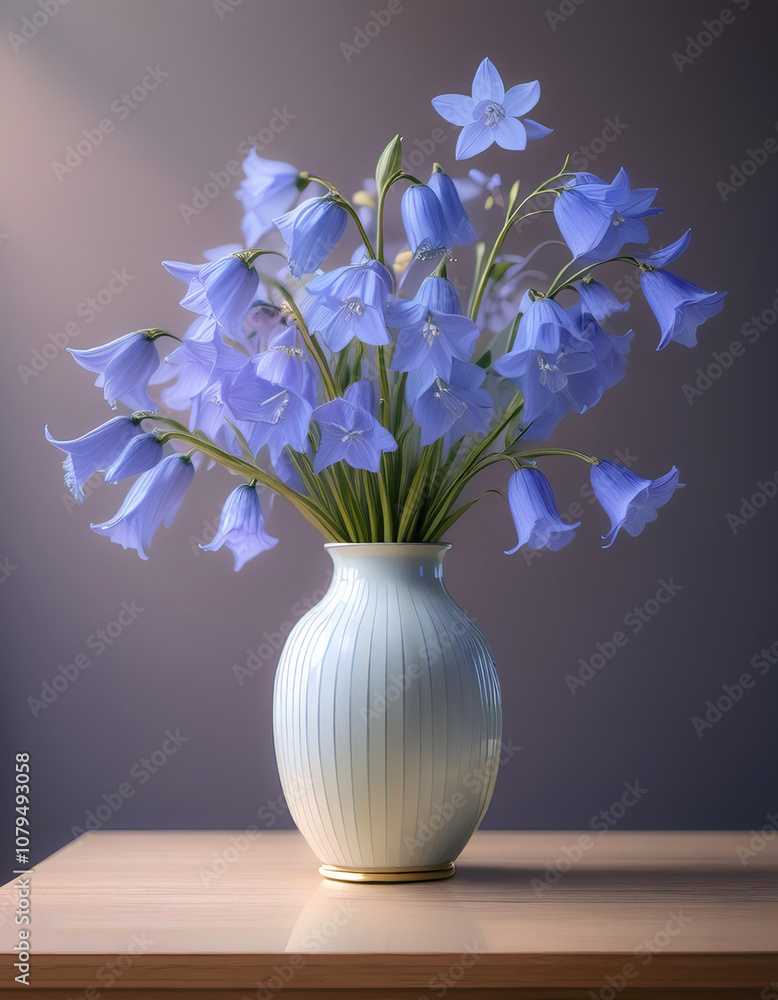Fresh Bluebell flowers in a simple vase on a table with a minimalist background Fresh Bluebell flowers in a simple vase on a table with a minimalist background