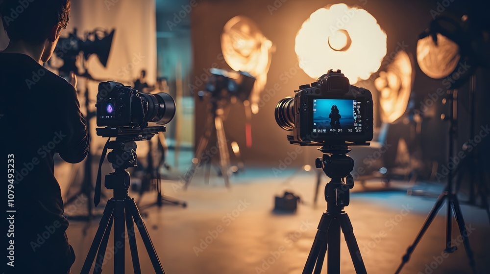 Fototapeta premium A dynamic photography setup with cameras, tripods, and lighting equipment, where a photographer is adjusting the focus to capture a stunning landscape shot.A dynamic photography setup with cameras, tr