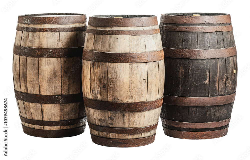 Obraz premium PNG Three wooden barrels on display