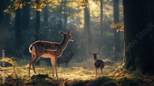 Wildlife Harmony in Forest, showcasing birds and deer coexisting in their natural environment, reflecting the beauty and balance of nature's ecosystem. photo