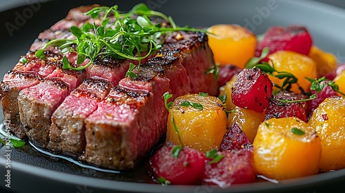 Gourmet dinner plate at an upscale restaurant photo