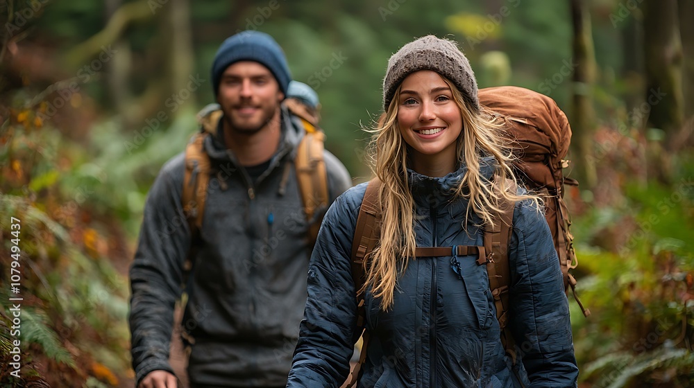 Young couple hiking through a forest trail in autumn Young couple hiking through a forest trail in autumn