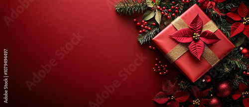 Red Christmas background with festive decorations and gift box, evoking a joyful and celebratory mood. Suitable for holiday greetings or messages.