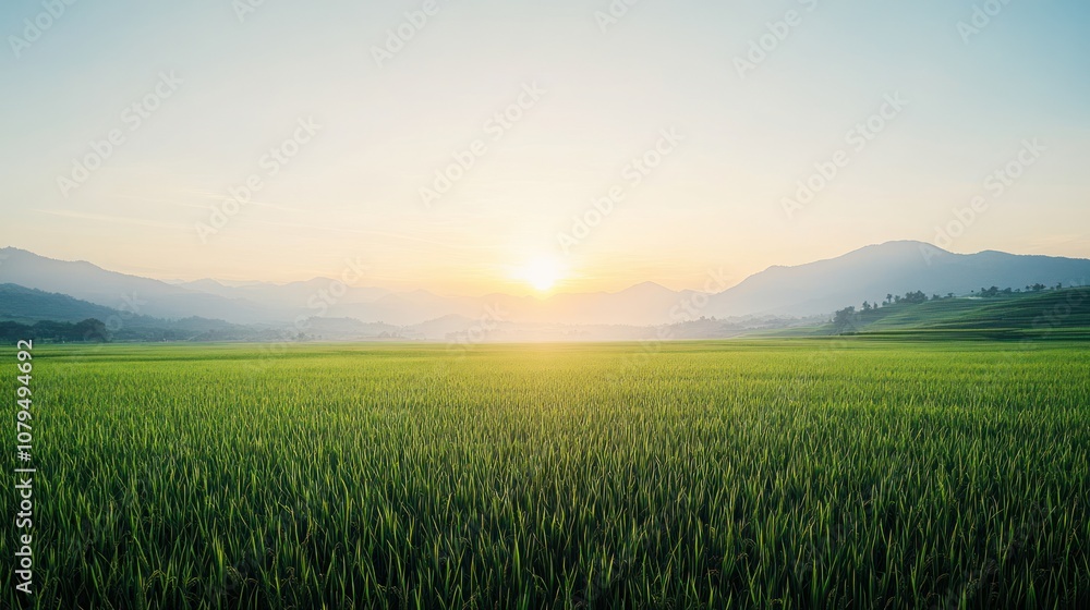 Fototapeta premium A serene sunrise over lush green rice fields and mountains in the background.