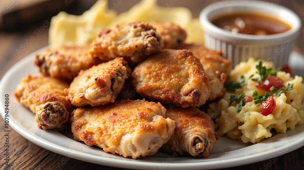 Baked chicken thighs with pasta salad and dipping sauce Baked chicken thighs with pasta salad and dipping sauce