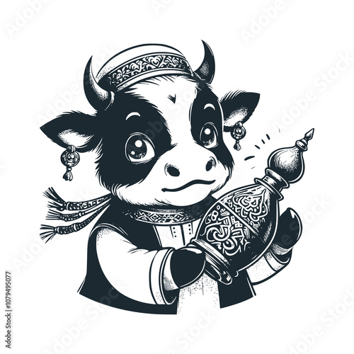 Cow with earrings in ears holding a bottle of perfume. Black white vector illustration.