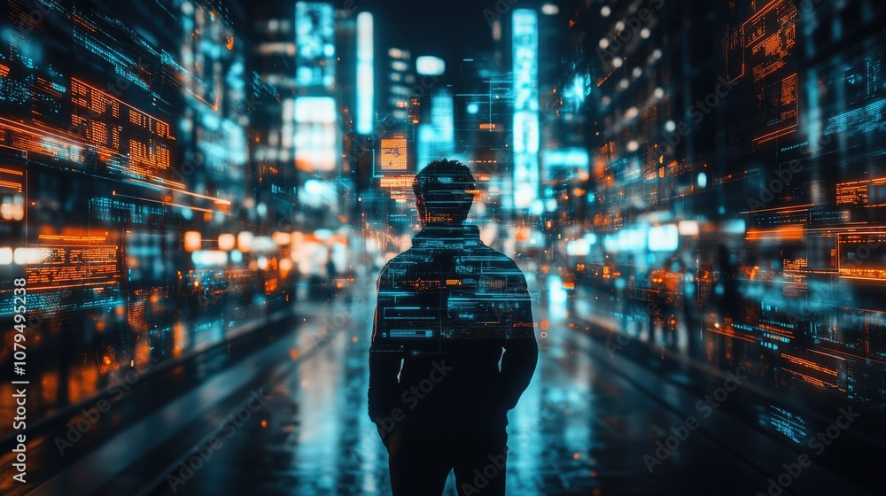 A lone figure walks through a bustling city street at night, their silhouette overlaid with digital code, representing the connection between technology and urban life. A lone figure walks through a bustling city street at night, their silhouette overlaid with digital code, representing the connection between technology and urban life.