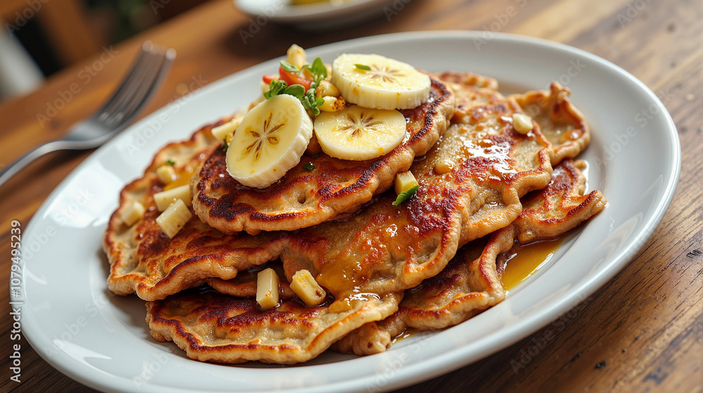Buckwheat pancakes with syrup on wooden table Buckwheat pancakes with syrup on wooden table