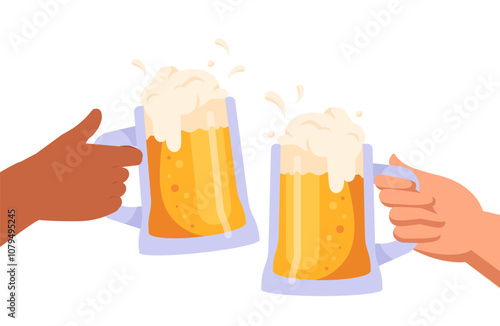 People cheers beer. Hands holding mugs with foamy alcoholic drink. Alcohol and beverage, brewery. Party and event, holiday celebration. Flat vector illustration isolated on white background