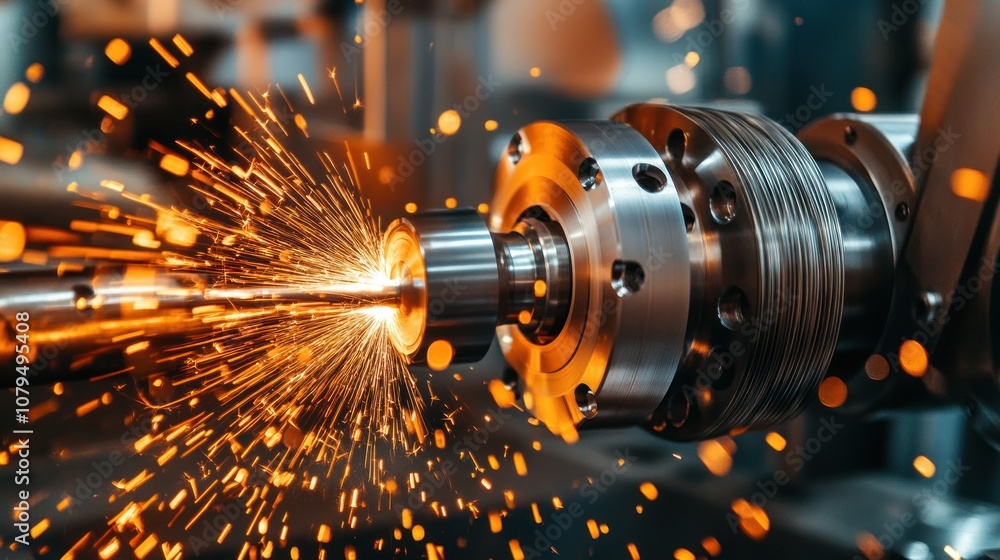 A close-up of a machine part emitting sparks during a manufacturing process. A close-up of a machine part emitting sparks during a manufacturing process.