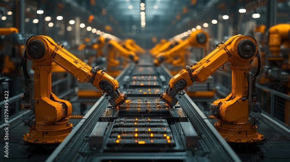 Industrial robots working on an automated assembly line. Industrial robots working on an automated assembly line.