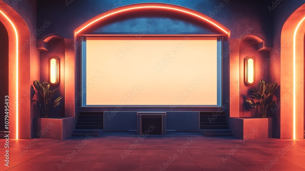 A modern, illuminated interior space featuring a large screen and stylish architectural elements. A modern, illuminated interior space featuring a large screen and stylish architectural elements.