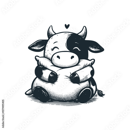 Cow hugging pillow while closing eyes. Black white vector illustration.