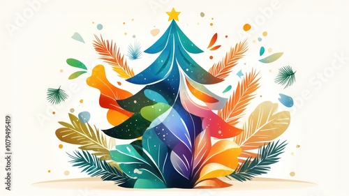 Vibrant abstract christmas tree with colorful leaves and star accent