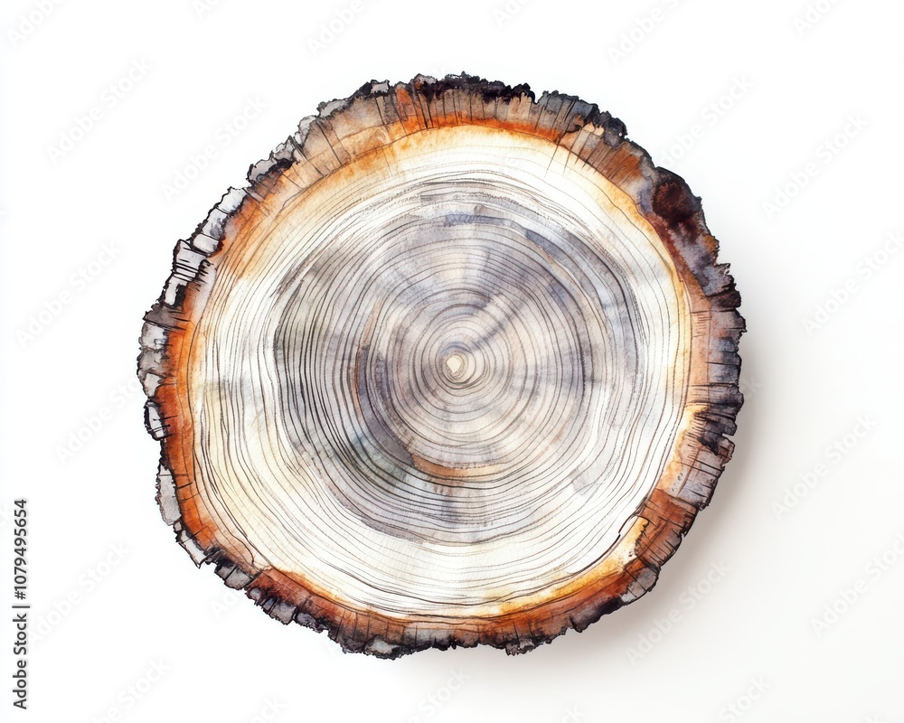 Tree trunk slice, detailed growth rings, white isolated background. Tree trunk slice, detailed growth rings, white isolated background.